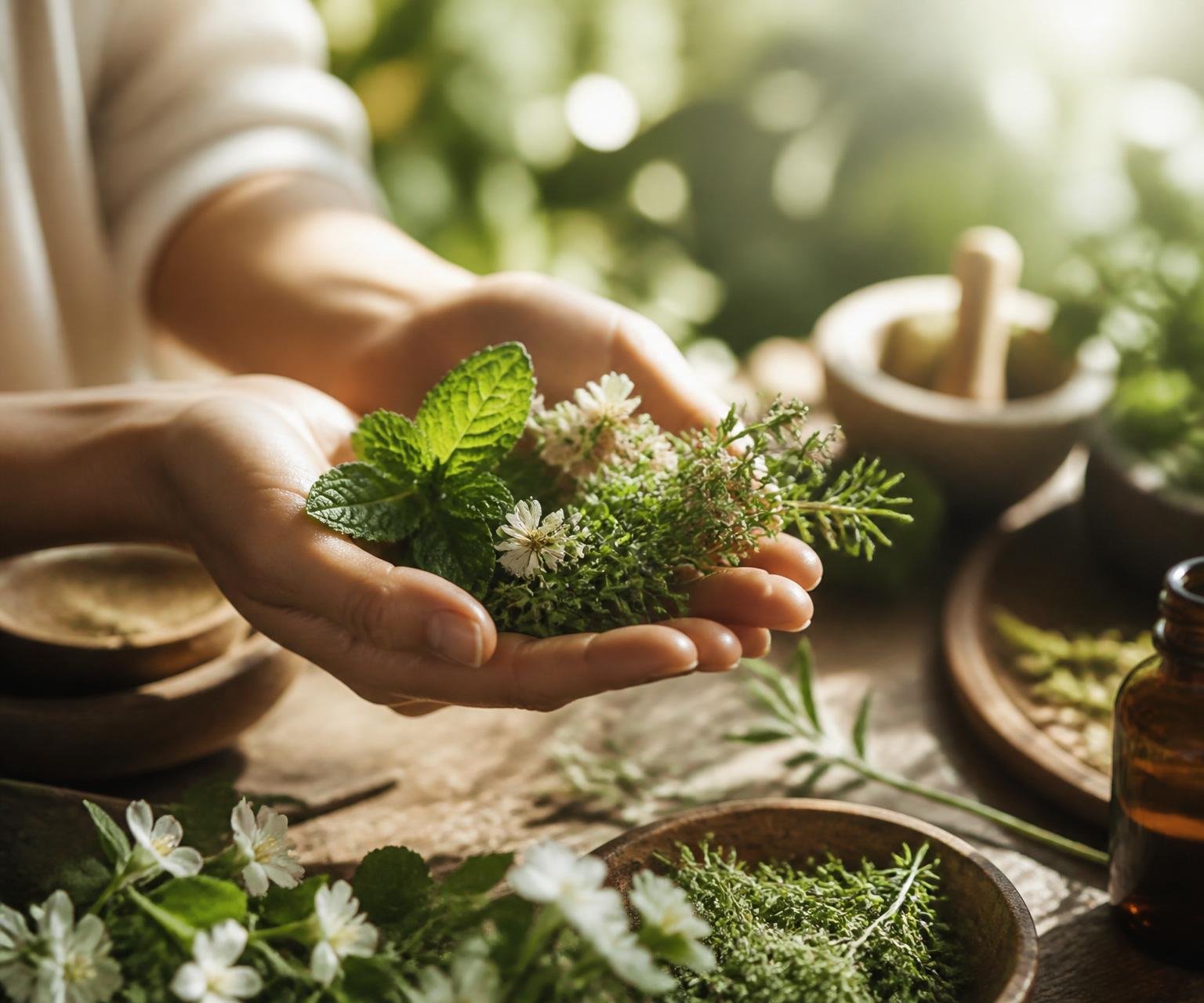 Hands holding fresh healing herbs at SĀKYA